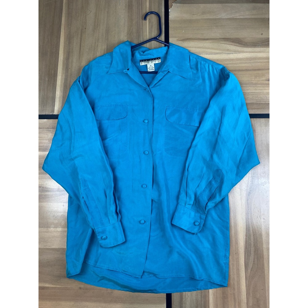 NEW YORK STUDIO Women's XS Turquoise Silk Button Up Shirt Long Sleeve
